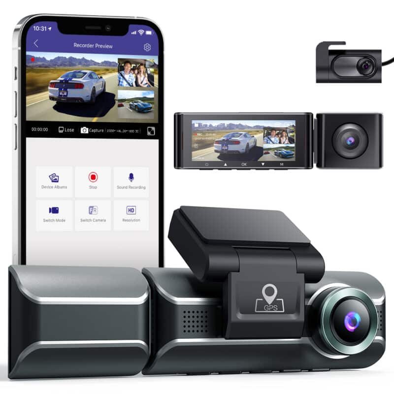 داش كام AZDOME M550 PRO بدقة 4K، بثلاث عدسات لتصوير شامل، تدعم GPS وWi-Fi وBluetooth وتحكم صوتي، مع وضع وقوف السيارات للحماية والمراقبة المستمرة.
